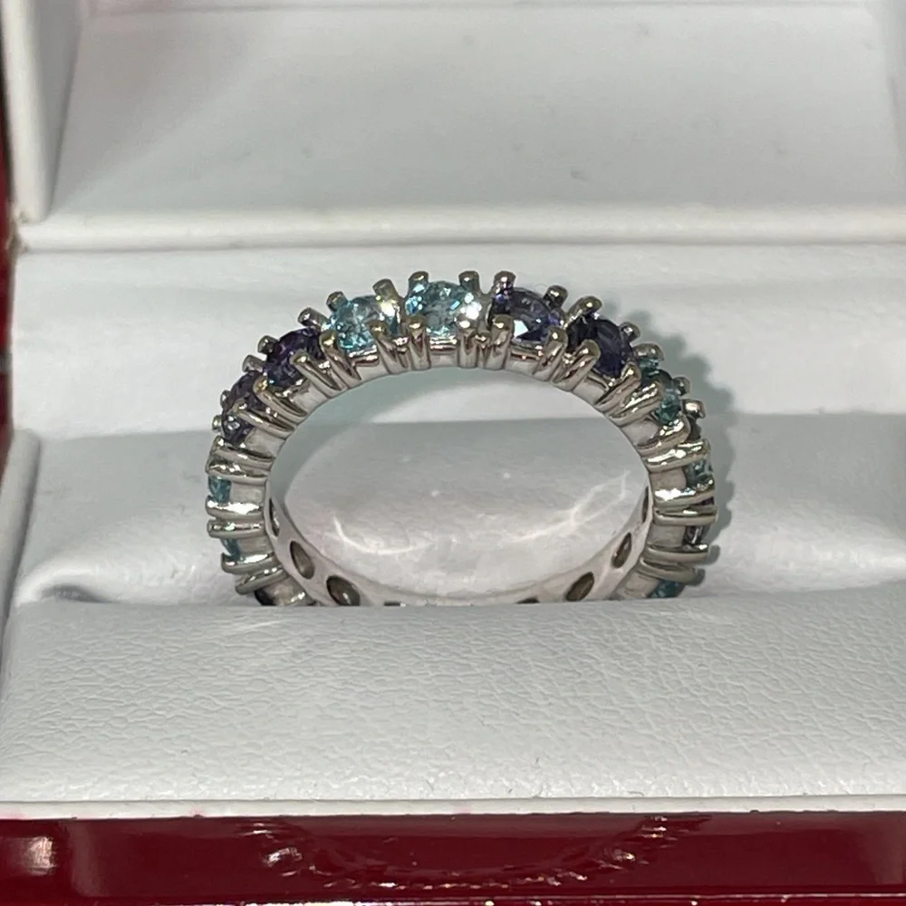 Solid 18K White Gold Eternity Band Ring (not 14K) Purple Blue Natural Gemstones